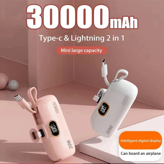 Mini Power Bank 30000mAh Built Cable Portable Mobile Charger Fast Charging External Battery Capsule Powerbank For Type-C iPhone