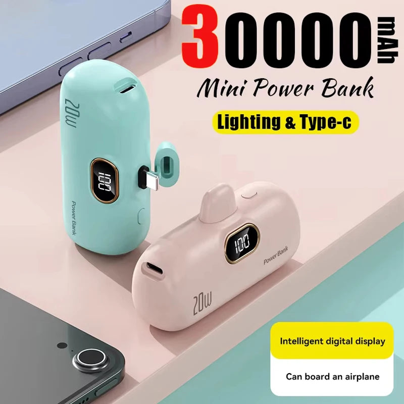 Mini Power Bank 30000mAh Built Cable Portable Mobile Charger Fast Charging External Battery Capsule Powerbank For Type-C iPhone